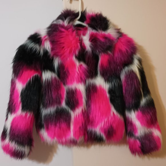 Cat & Jack Monster Eyes Pink, Black & White Fuzzy Faux Fur Coat (Sz. Small 6-6X) - Picture 2 of 4